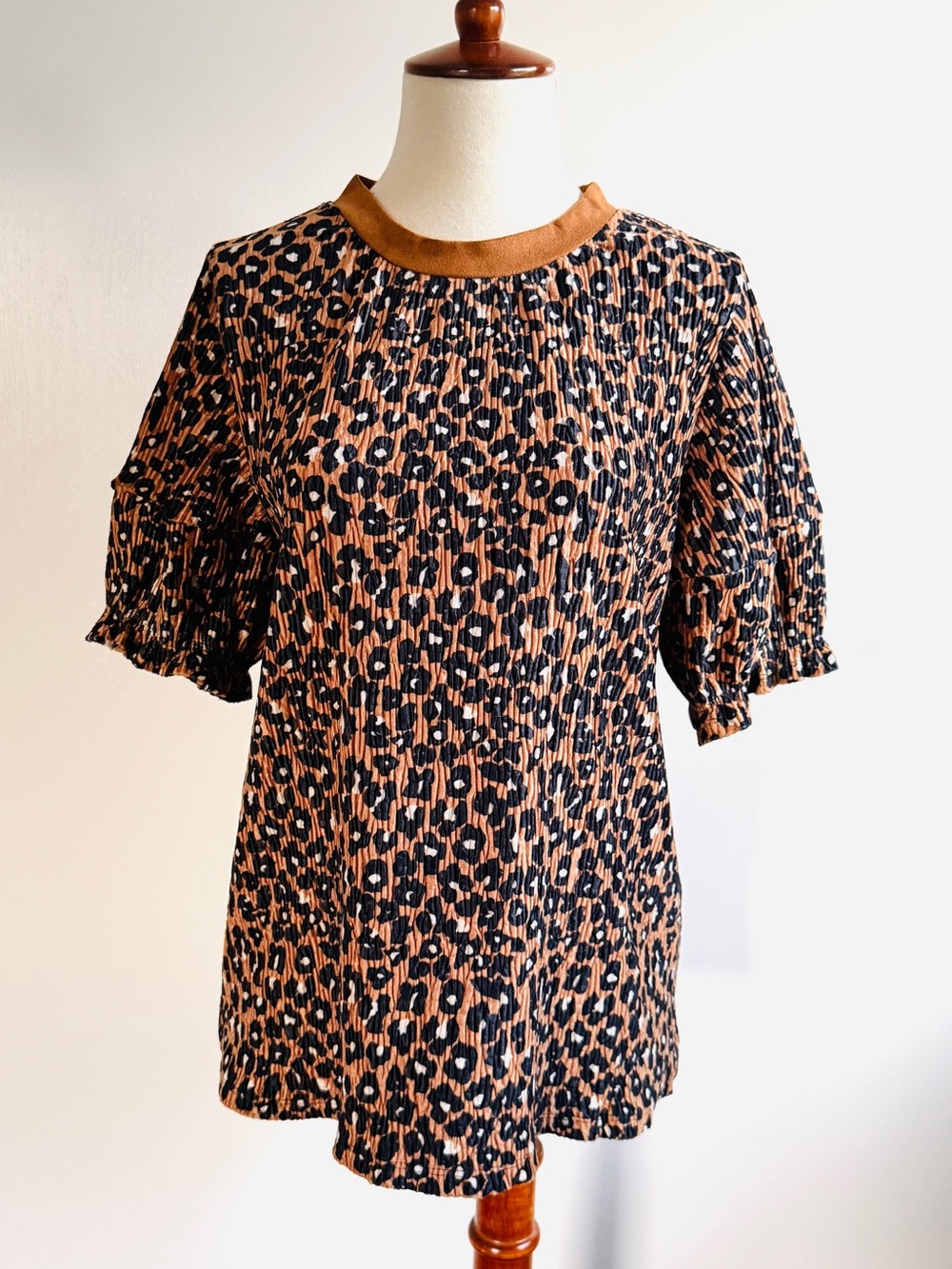 THML Brown Leopard-Print Velvety Blouse with Faux Suede Trim
